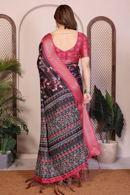 Black Colour Cotton Silk Printed Saree