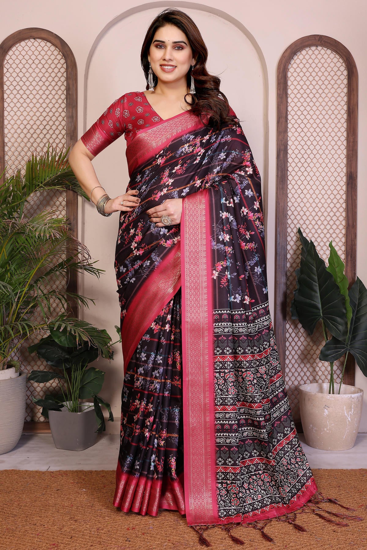 Black Colour Cotton Silk Printed Saree