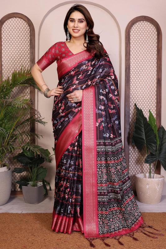 Black Colour Cotton Silk Printed Saree