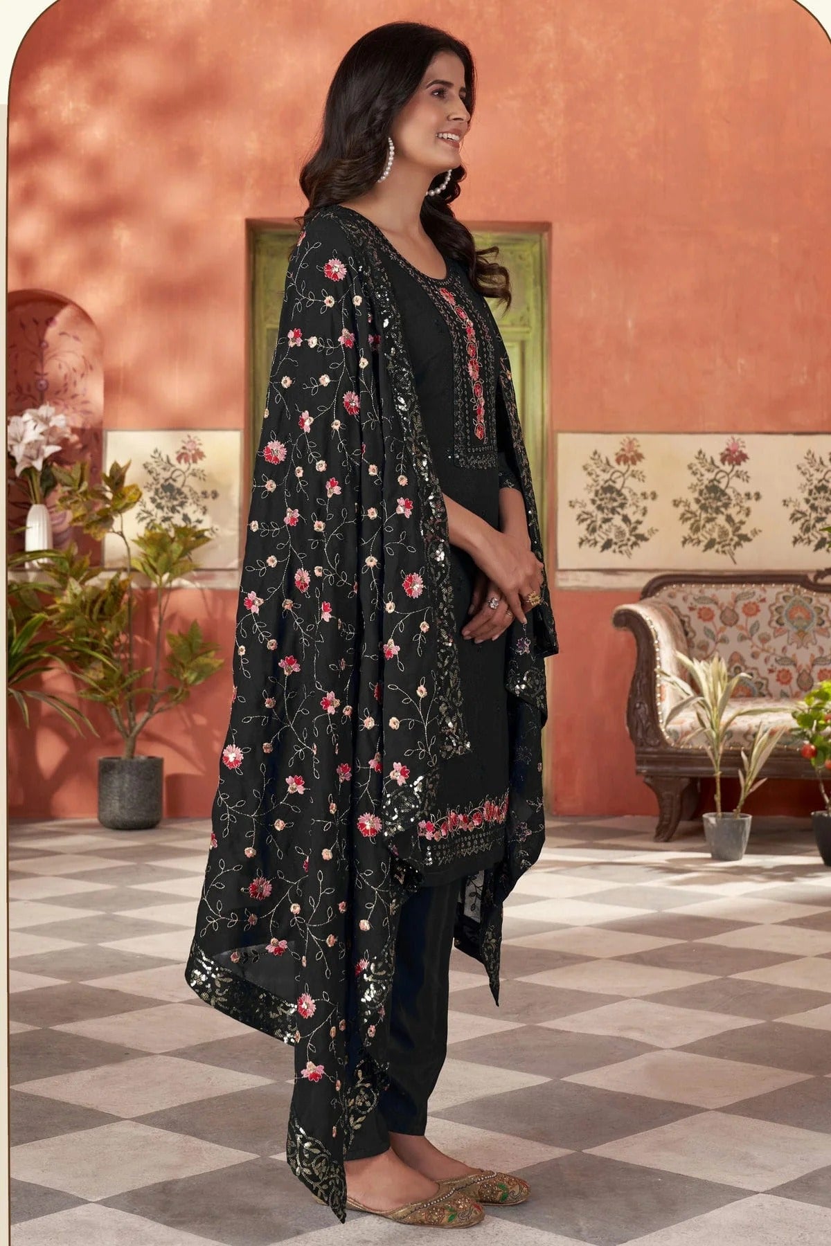 Black Colour Embroidery Georgette Stitched Suit SS1112507 A