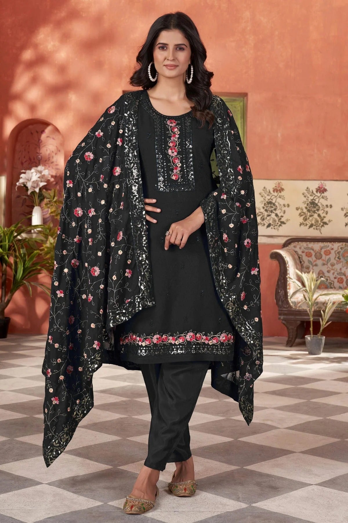 Black Colour Embroidery Georgette Stitched Suit SS1112507