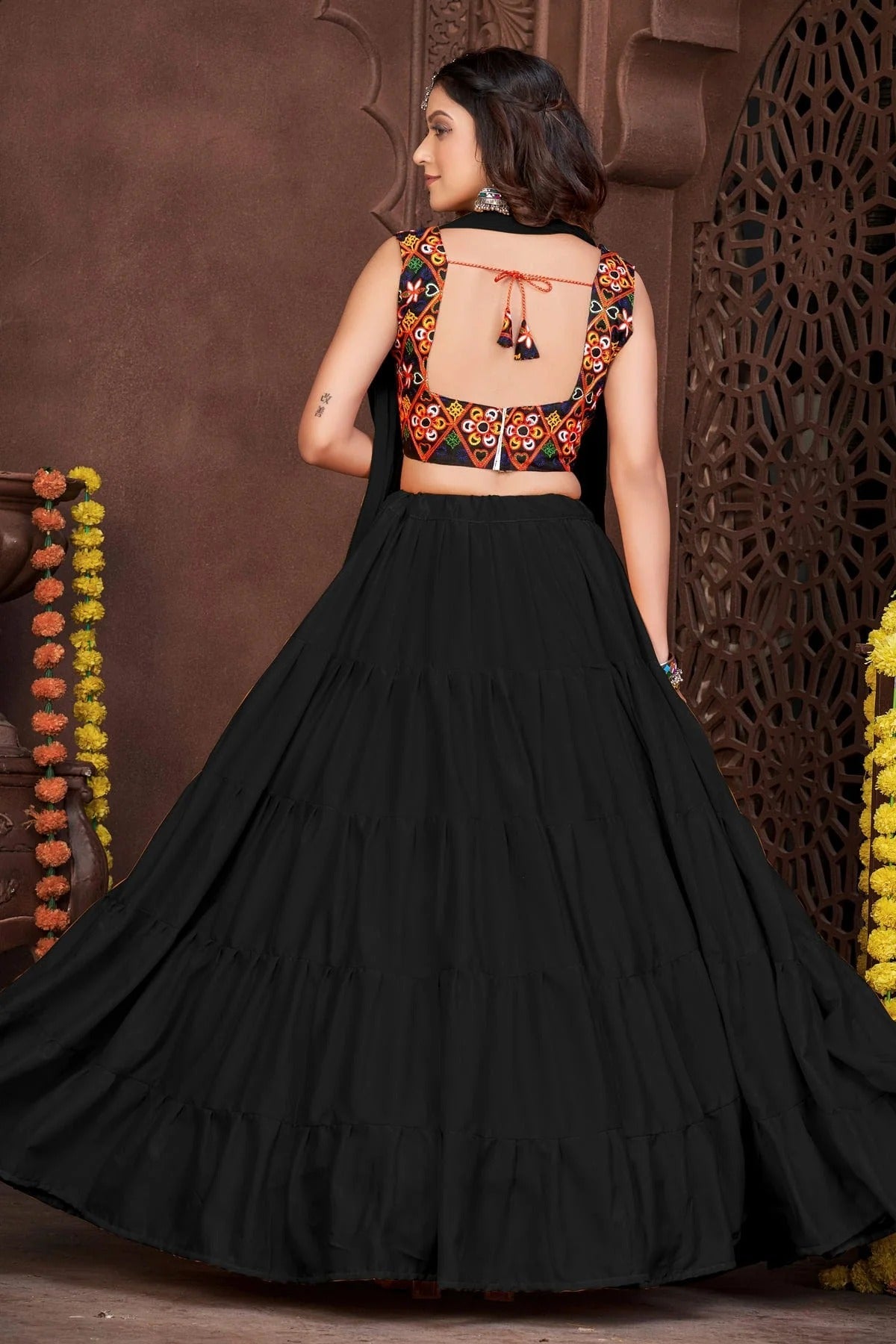 Black Colour Embroidery Work French Crepe Navratri Lehenga LD1170004 A