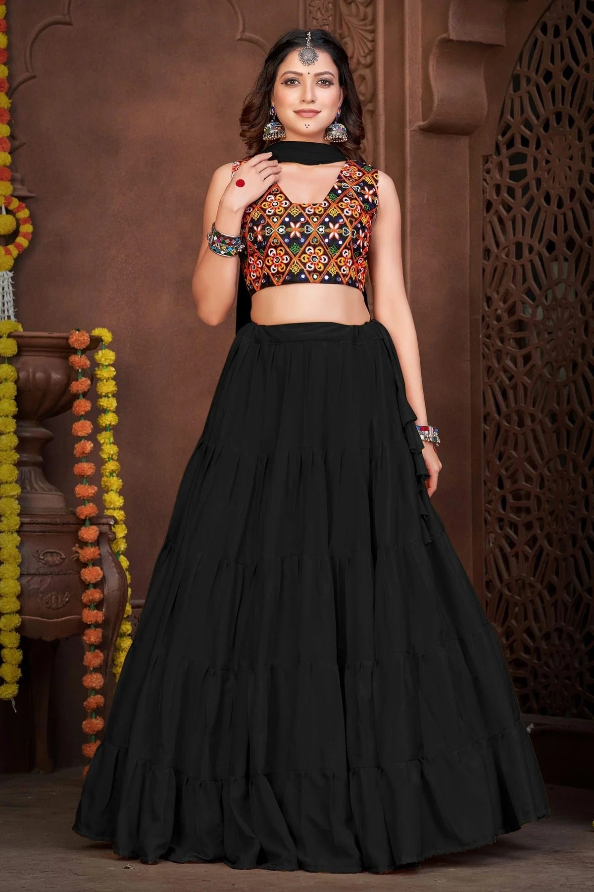 Black Colour Embroidery Work French Crepe Navratri Lehenga LD1170004