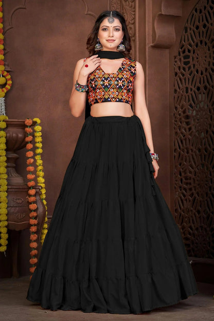 Black Colour Embroidery Work French Crepe Navratri Lehenga LD1170004