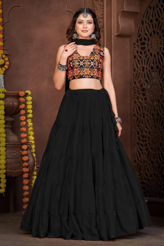 Black Colour Embroidery Work French Crepe Navratri Lehenga LD1170004