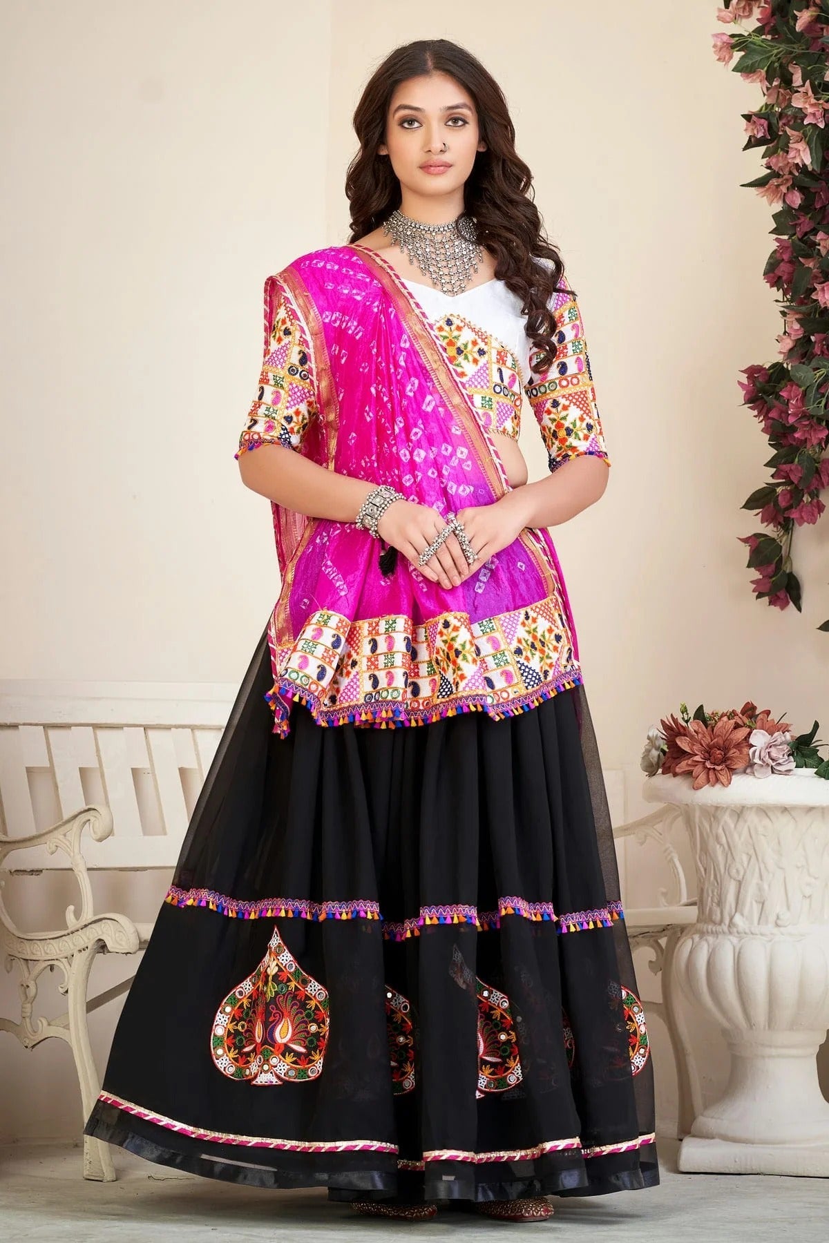 Black Colour Embroidery Work Georgette Navratri Lehenga LD1170012