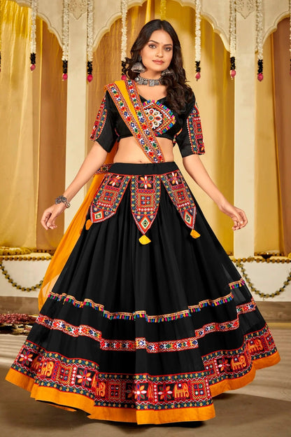 Black Colour Embroidery Work Georgette Navratri Lehenga LD1170019