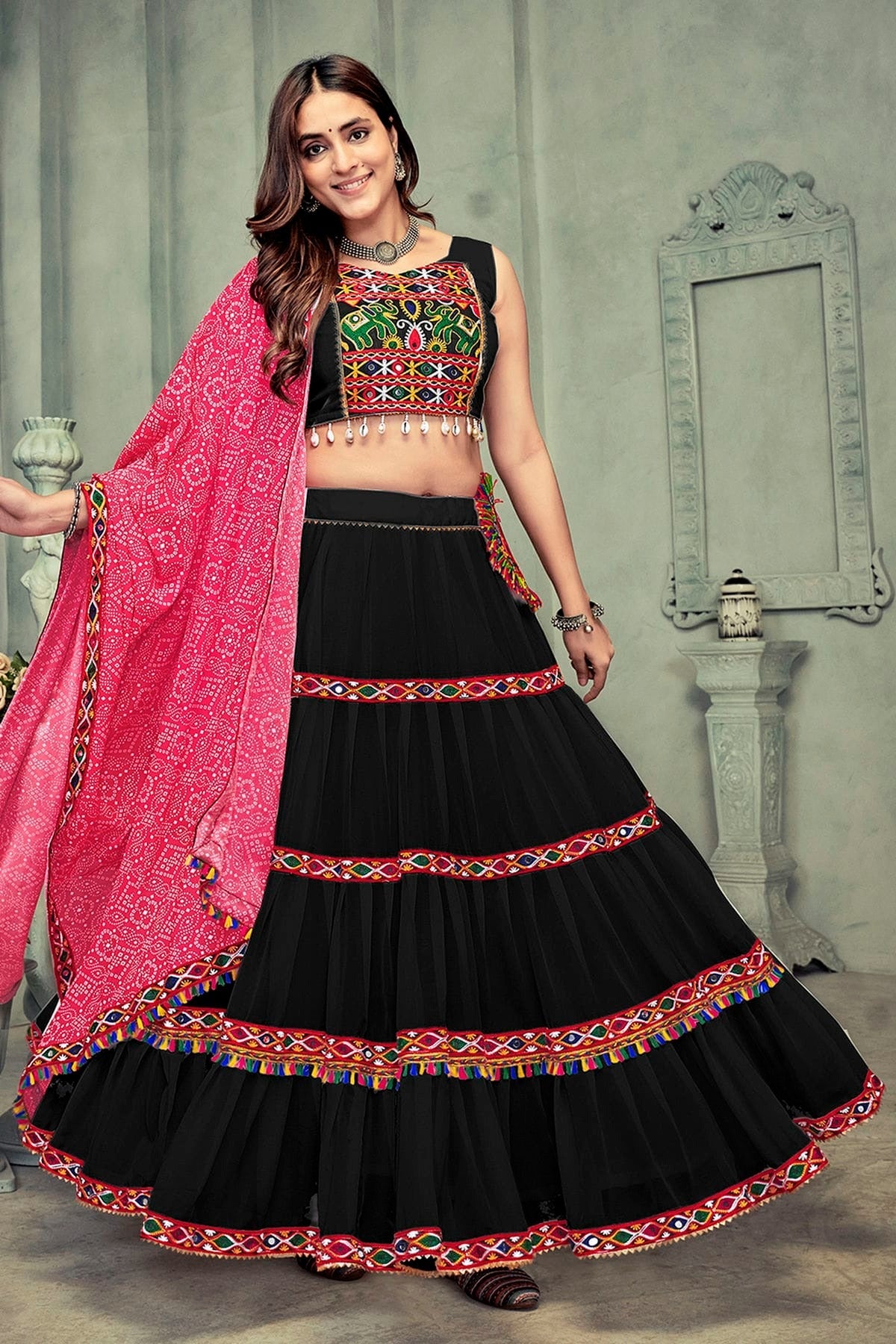 Black Colour Embroidery Work Georgette Navratri Lehenga LD1170027