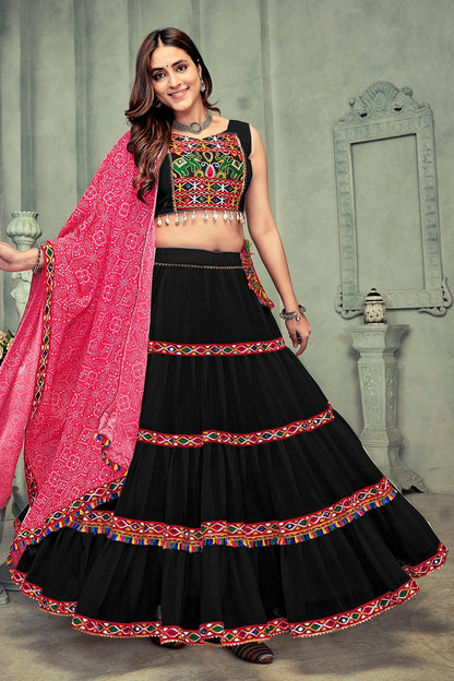 Black Colour Embroidery Work Georgette Navratri Lehenga LD1170027