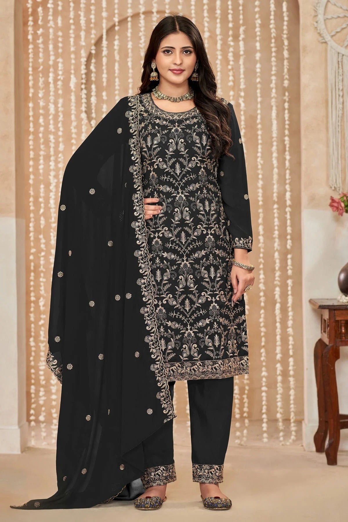 Black Colour Faux Georgette Pant Style Suit SM1050592