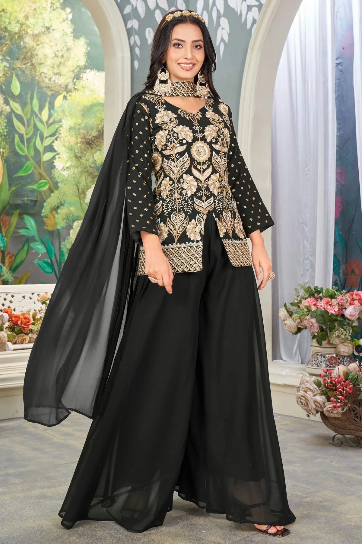 Black Colour Faux Georgette Readymade Palazzo Pant Suit SS1140411