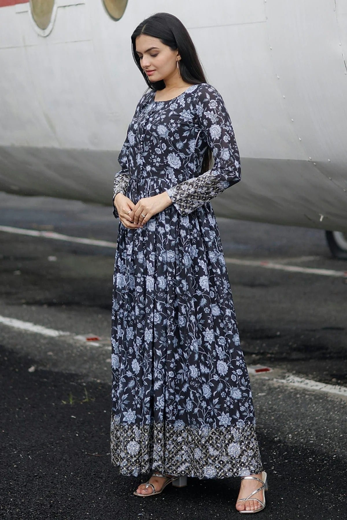 Black Colour Faux Georgette Stitched Gown GW1112337 A