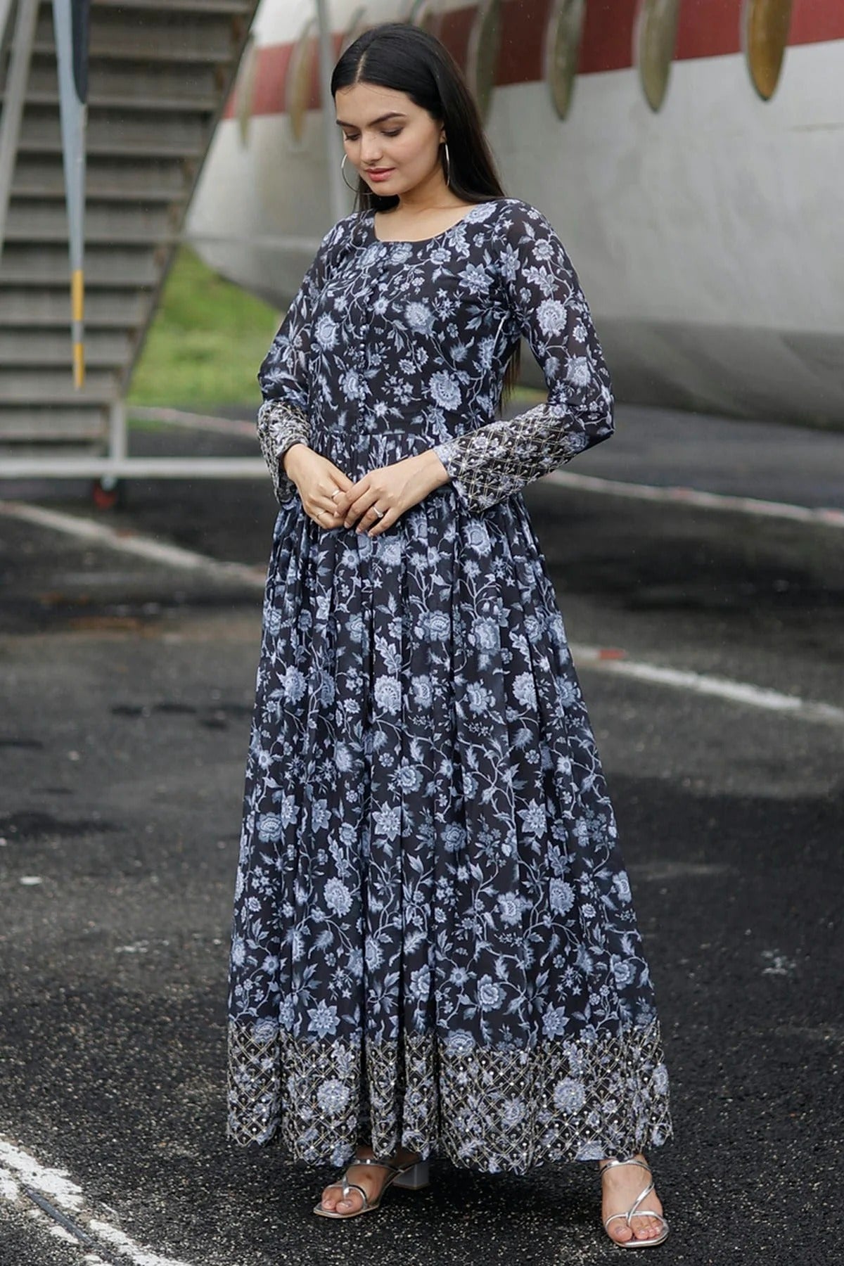 Black Colour Faux Georgette Stitched Gown GW1112337 B