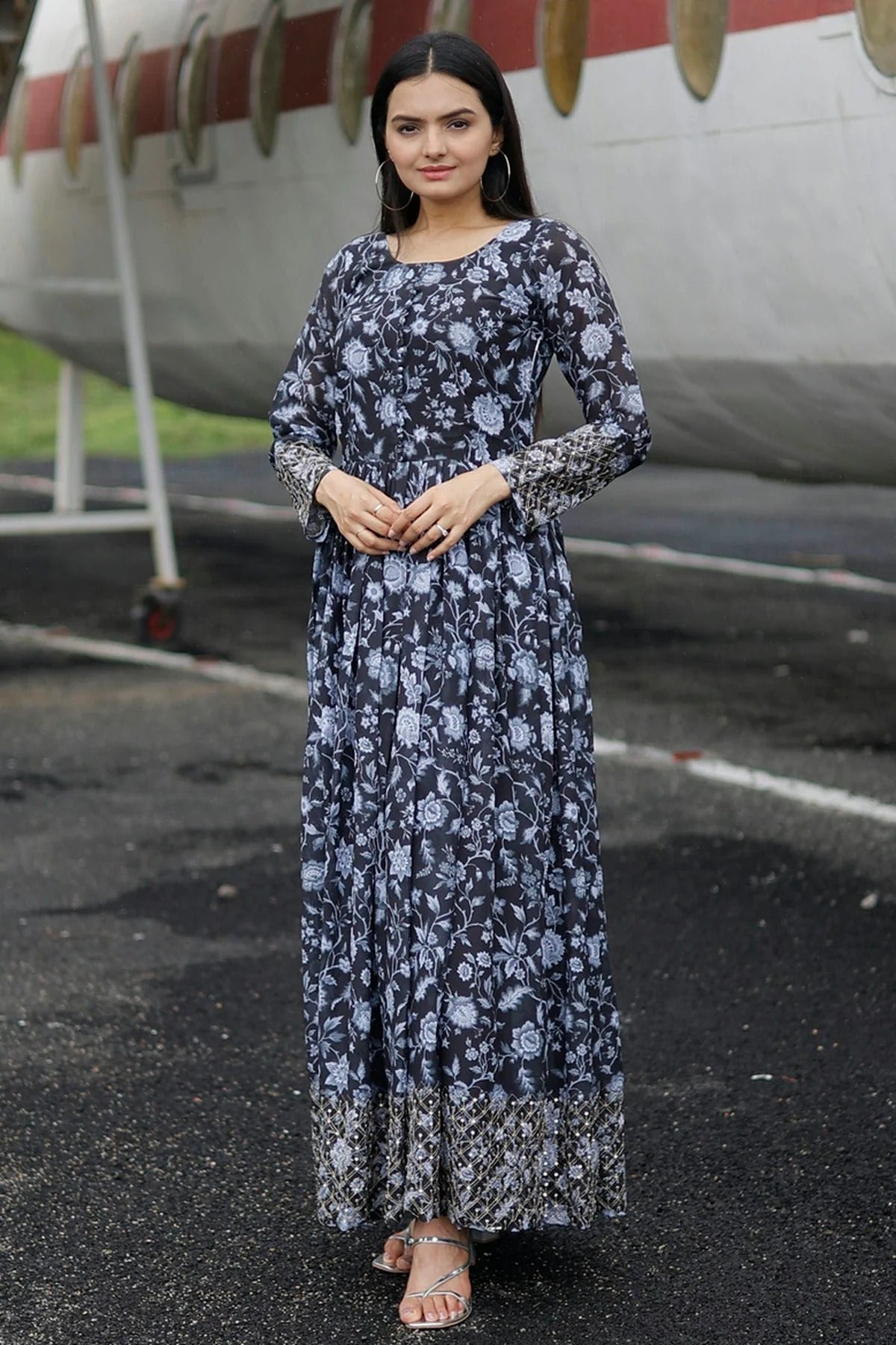 Black Colour Faux Georgette Stitched Gown GW1112337