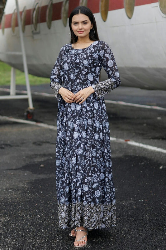 Black Colour Faux Georgette Stitched Gown GW1112337