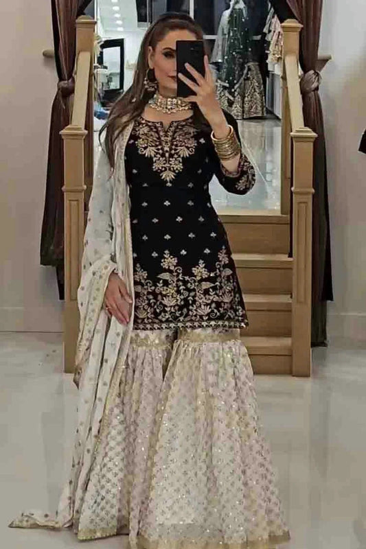 Black Colour Faux Georgette Stitched Sharara Suit SS1140974
