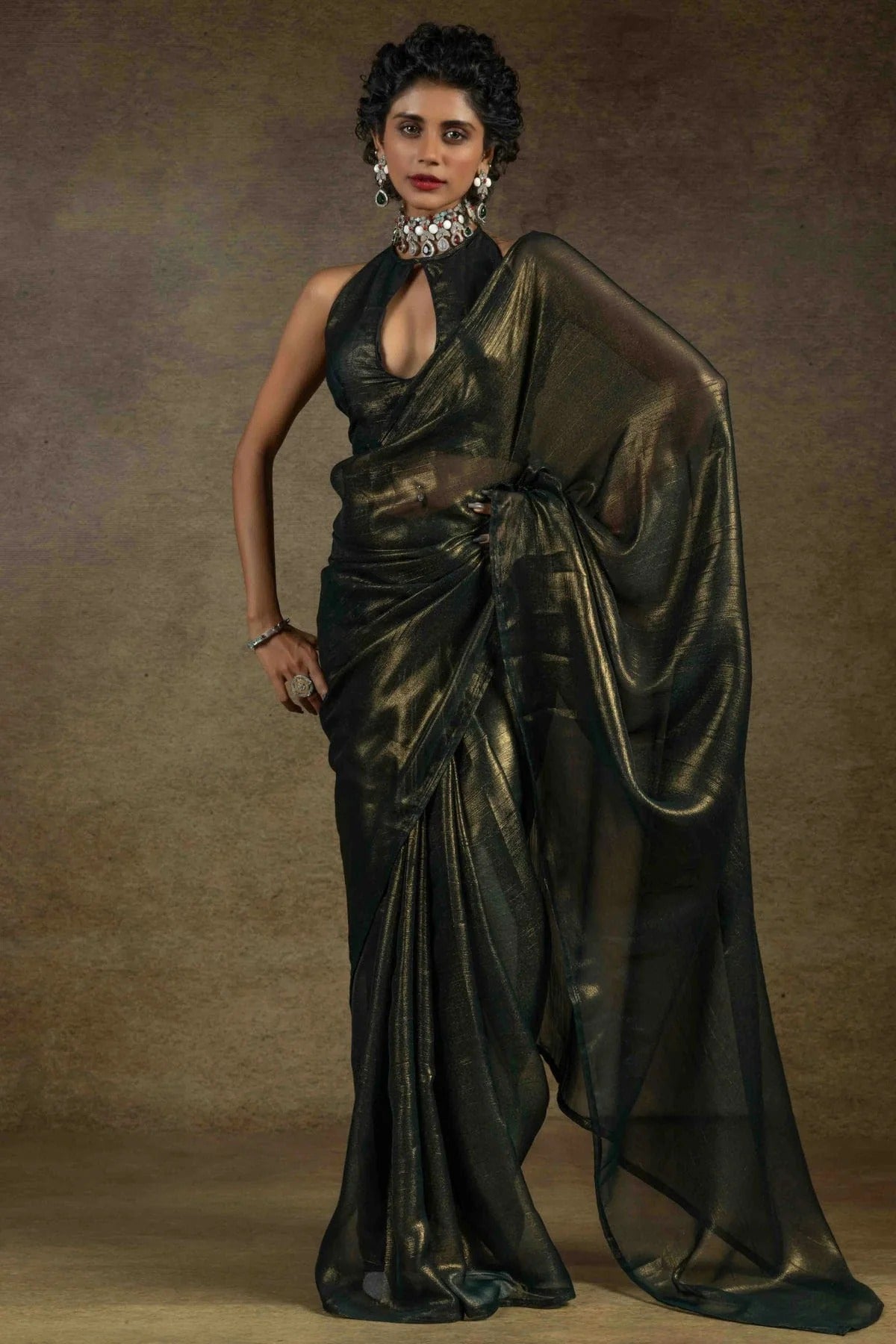 Black Colour Fendi Satin Ready To Wear Saree SD1122011