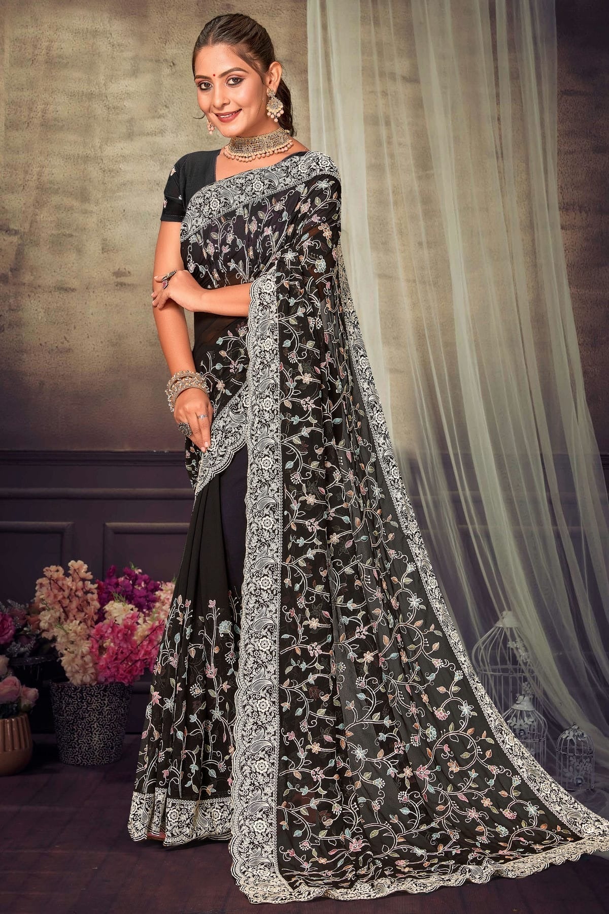 Black Colour Georgette Designer Saree LC1121550