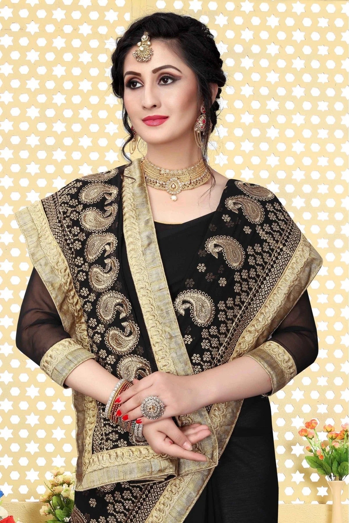 Black Colour Georgette Embroidered Saree SD1120421 A