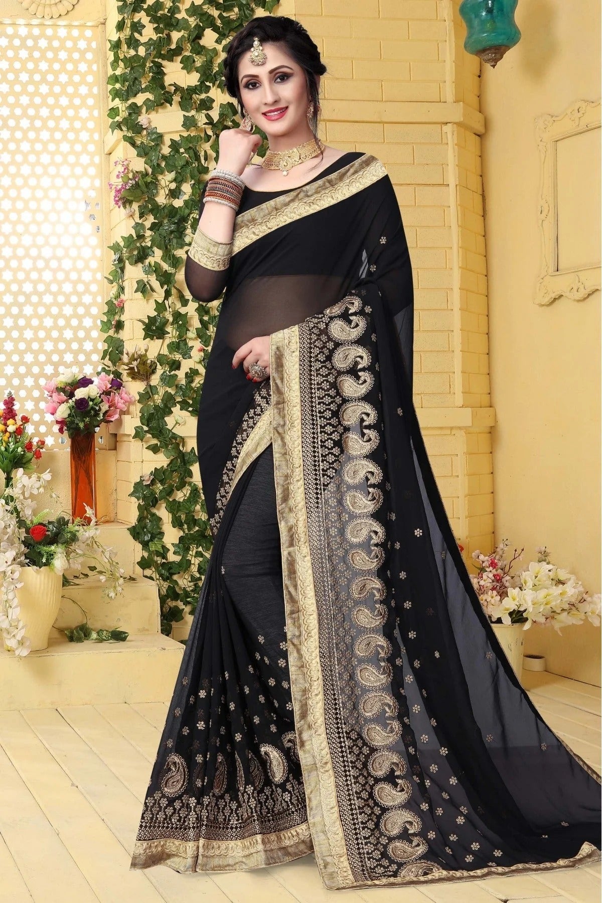 Black Colour Georgette Embroidered Saree SD1120421