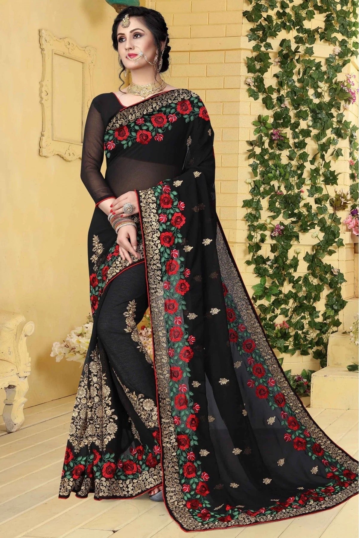 Black Colour Georgette Embroidered Saree SD1120424