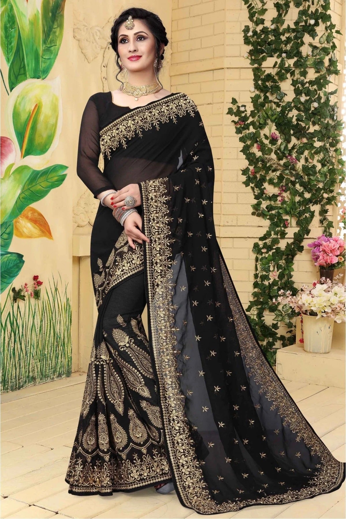 Black Colour Georgette Embroidered Saree SD1120427