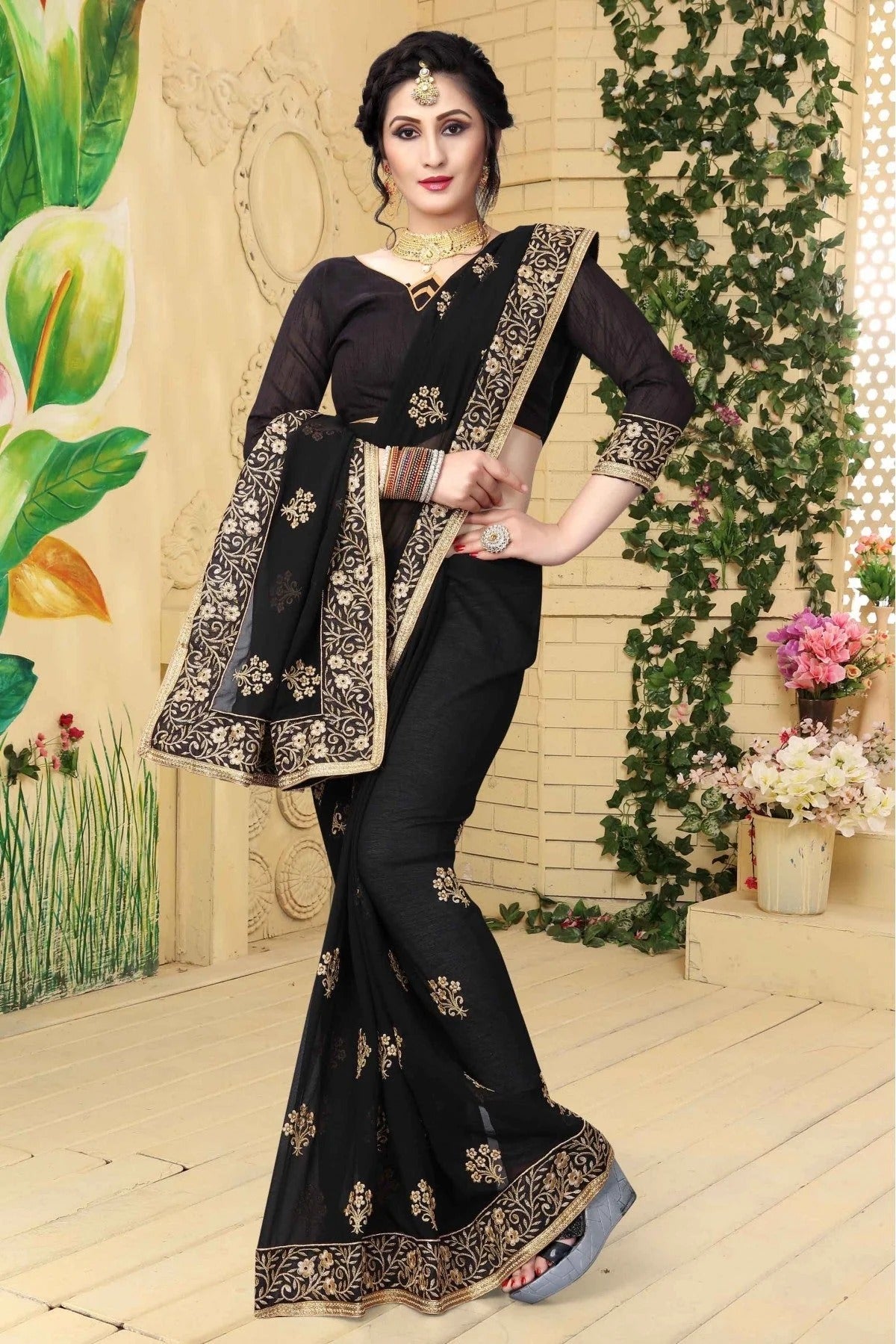 Black Colour Georgette Embroidered Saree SD1120430 A