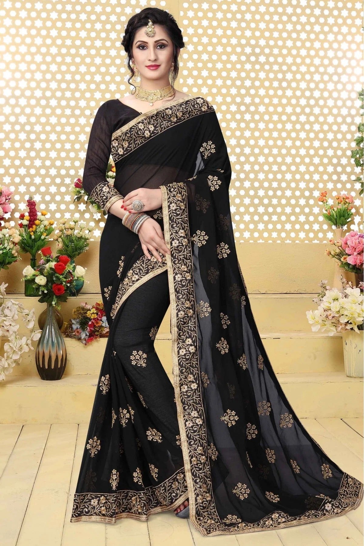 Black Colour Georgette Embroidered Saree SD1120430