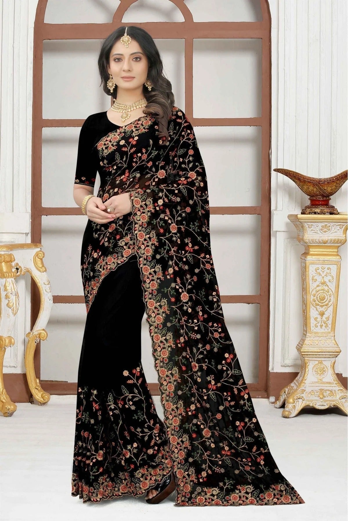 Black Colour Georgette Embroidery Saree SD1090317