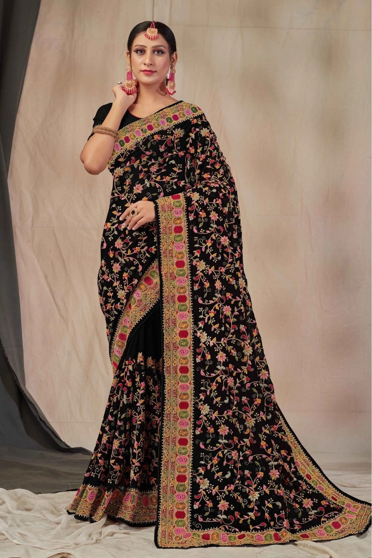 Black Colour Georgette Embroidery Saree SD1120896