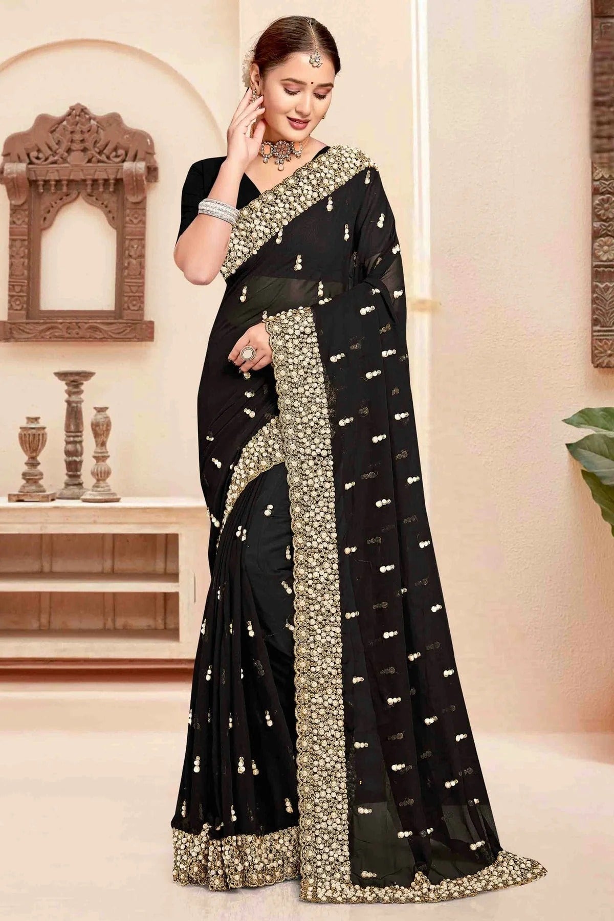 Black Colour Georgette Embroidery Work Designer Saree SD1091242