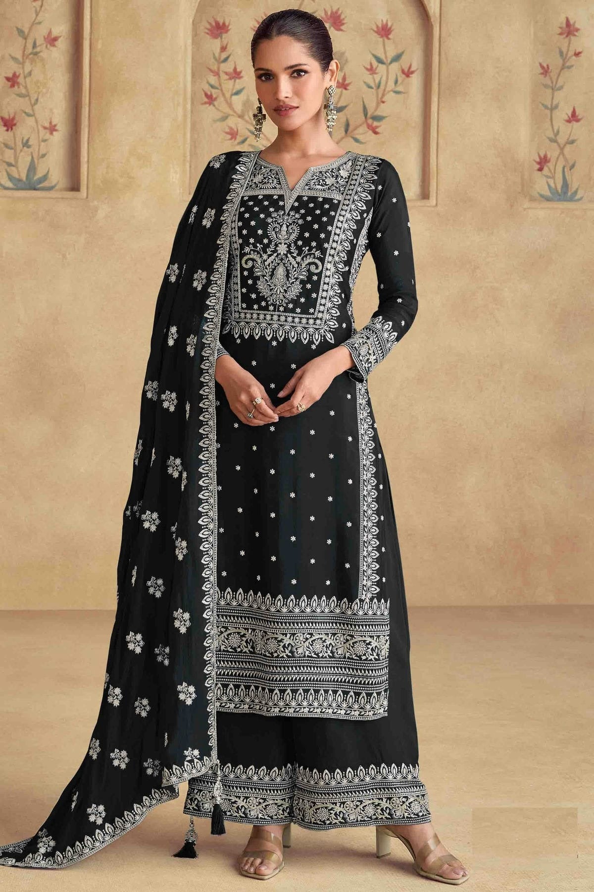 Black Colour Georgette Palazzo Pant Suit SM1112959