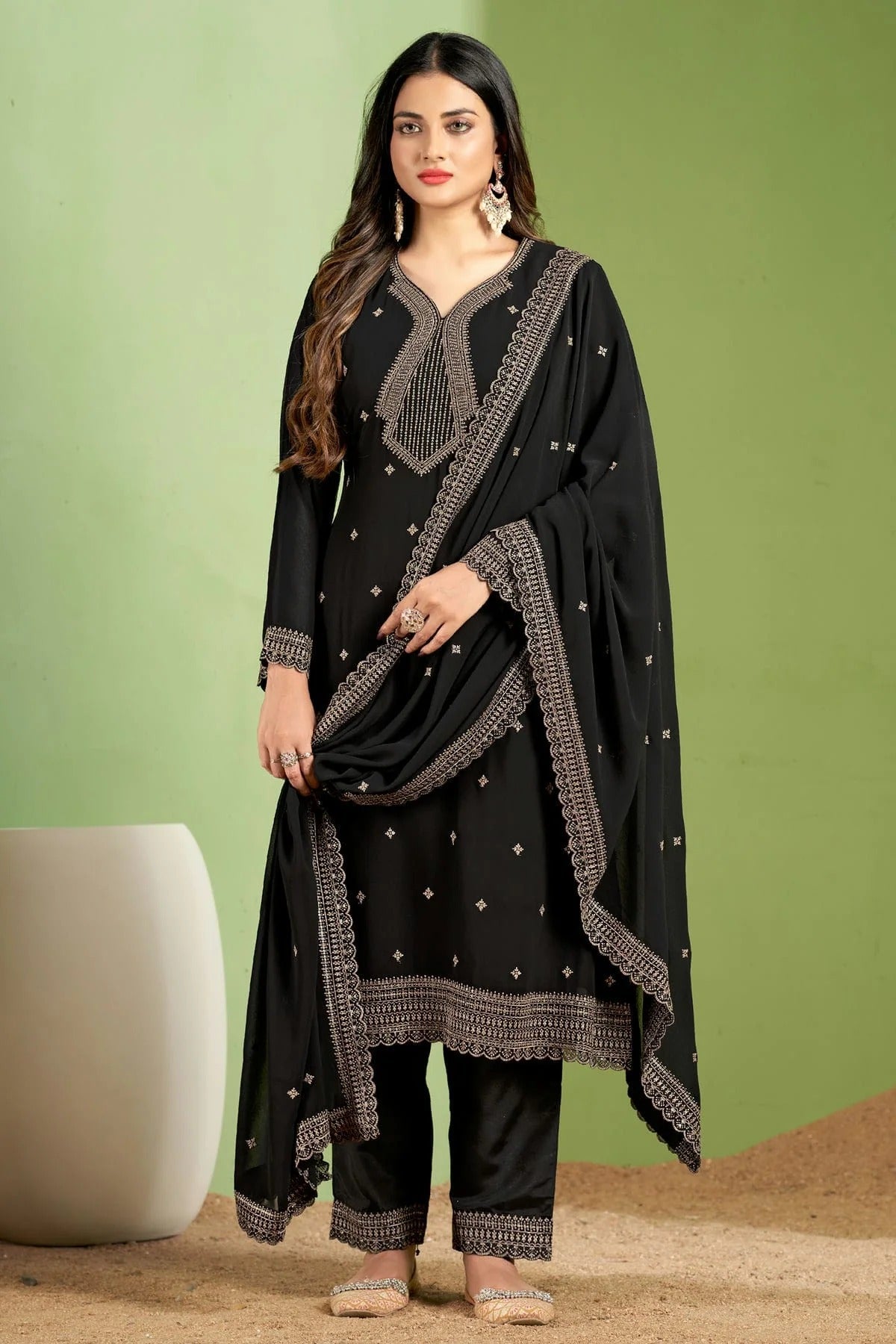 Black Colour Georgette Pant Style Suit SM1110647