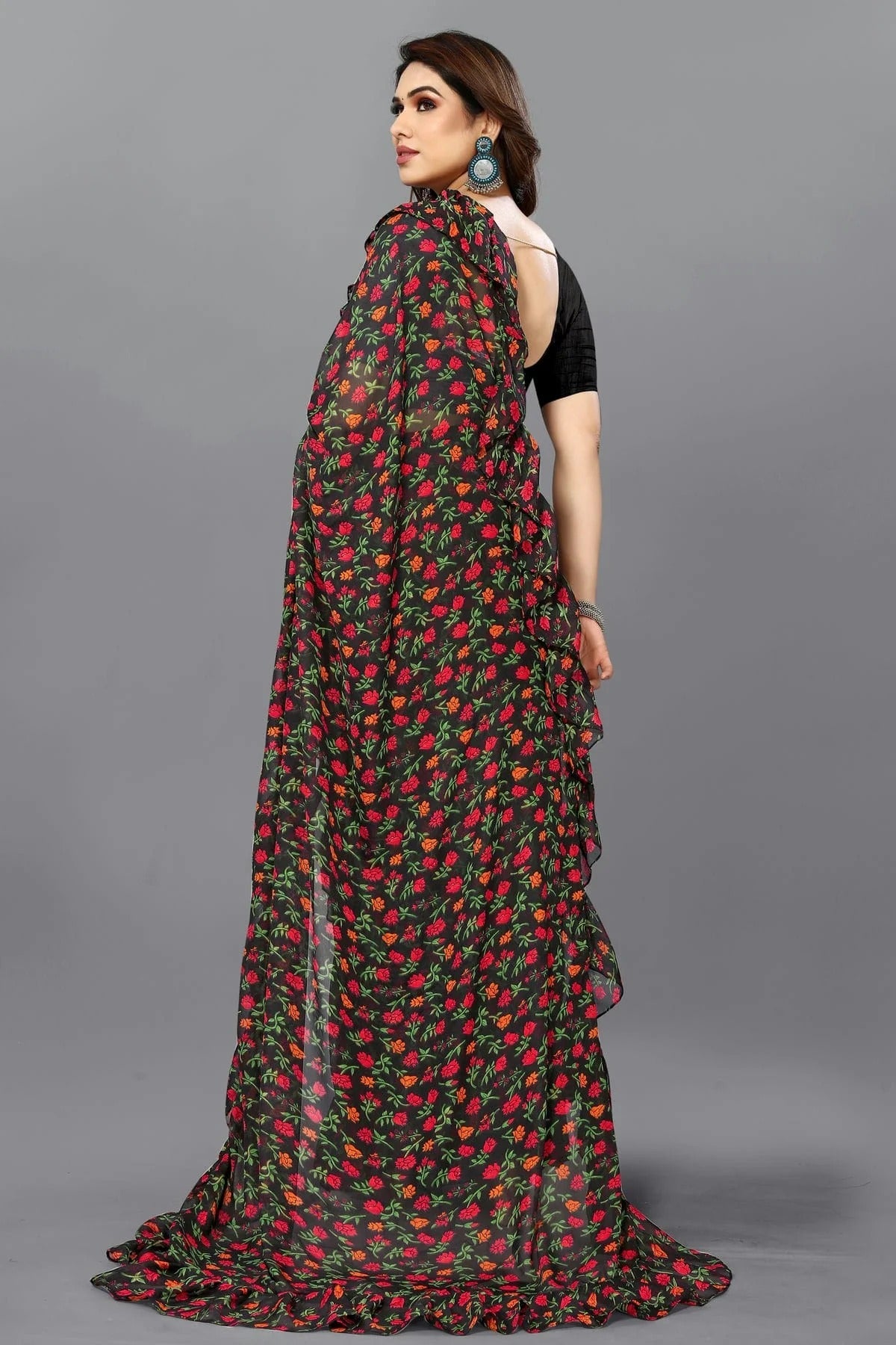 Black Colour Georgette Ruffle Saree SD1180111 A