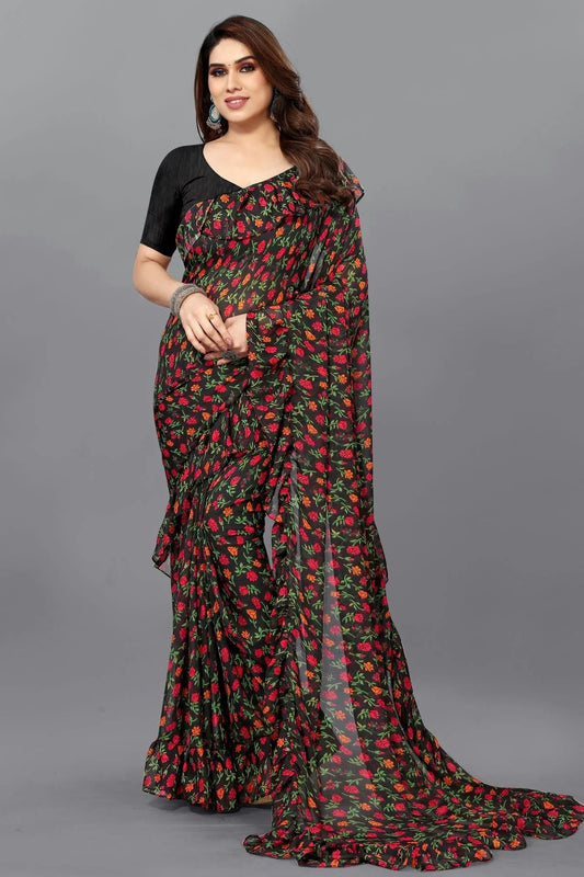 Black Colour Georgette Ruffle Saree SD1180111