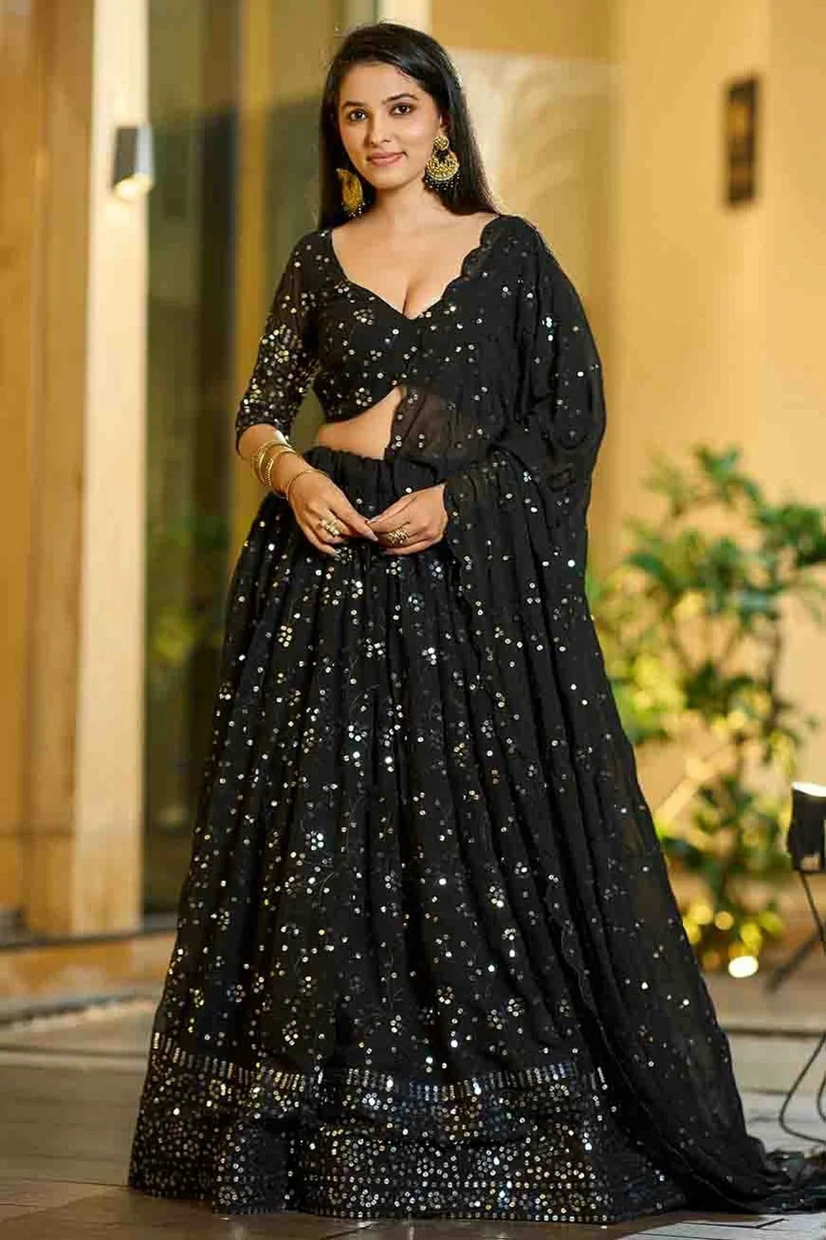 Black Colour Georgette Semi Stitched Lehenga Choli LC1170087