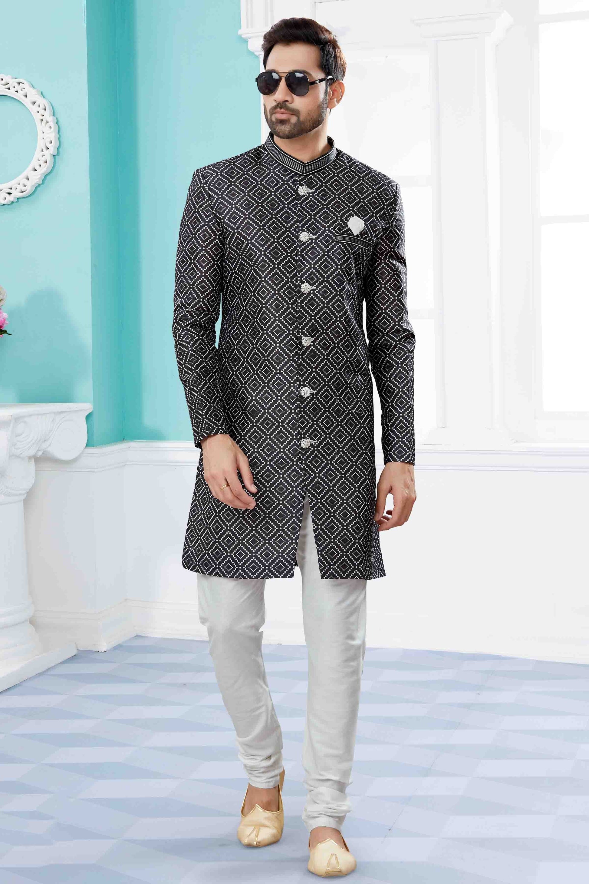 Black Colour Indo Western In Jacquard Fabric SH1040445