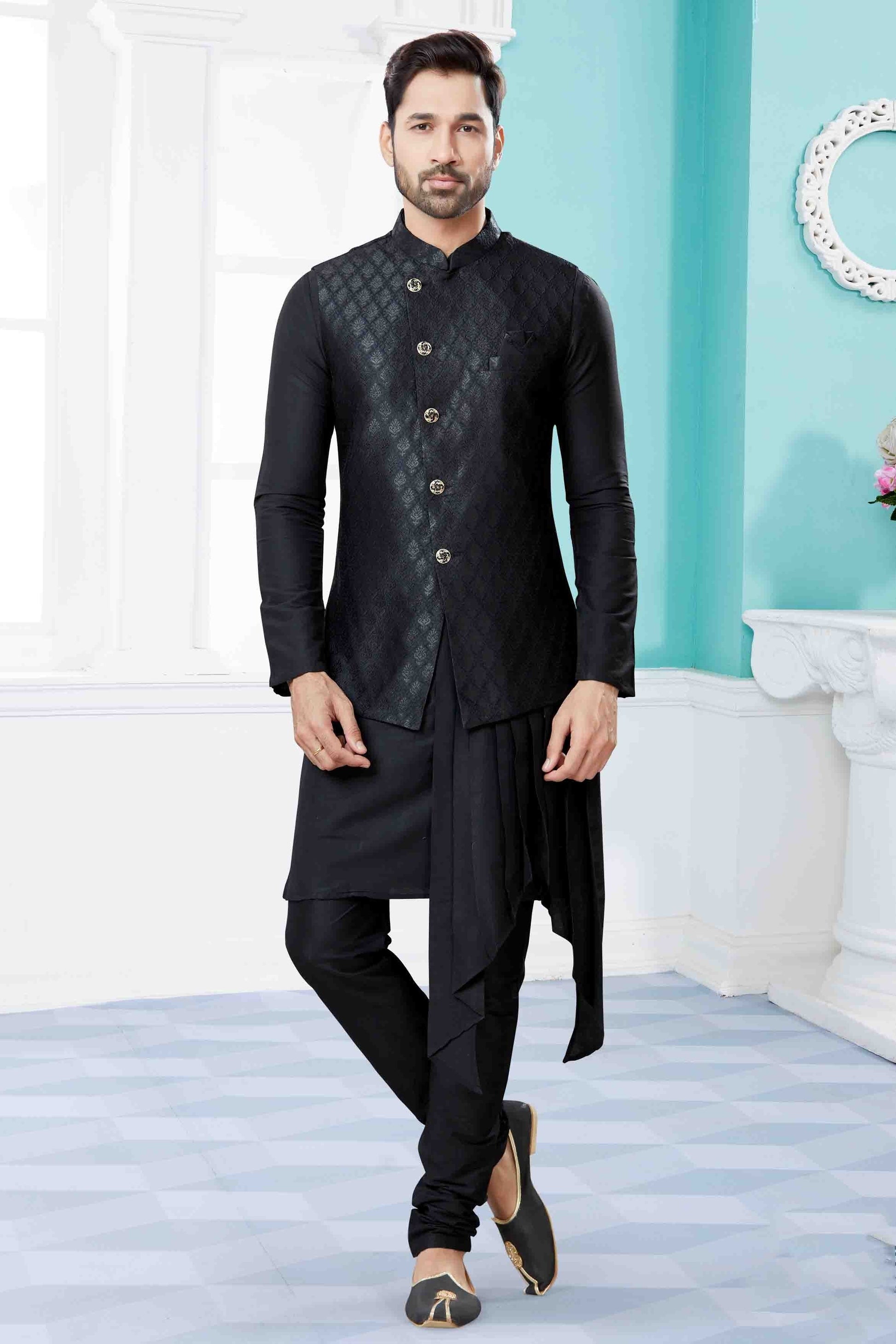 Black Colour Indo Western In Silk Dupion Fabric SH1040472
