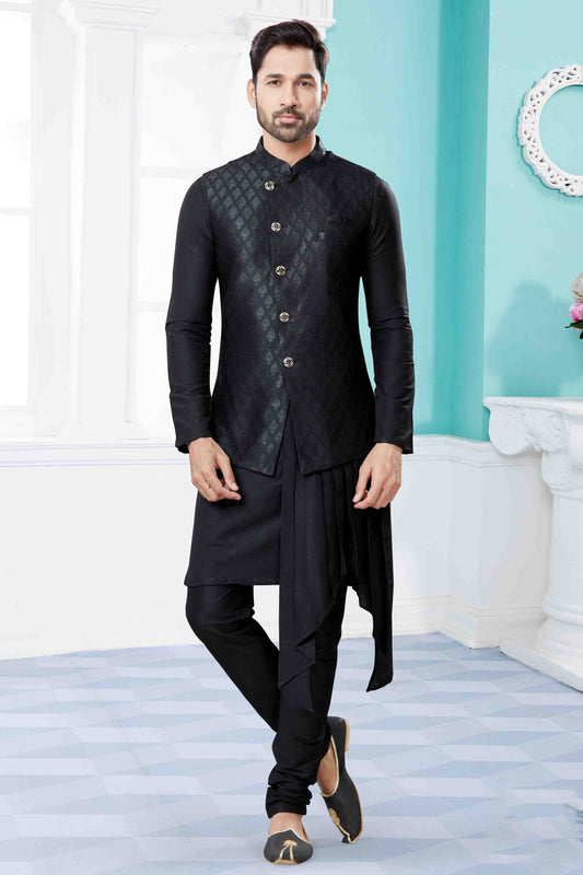 Black Colour Indo Western In Silk Dupion Fabric SH1040472