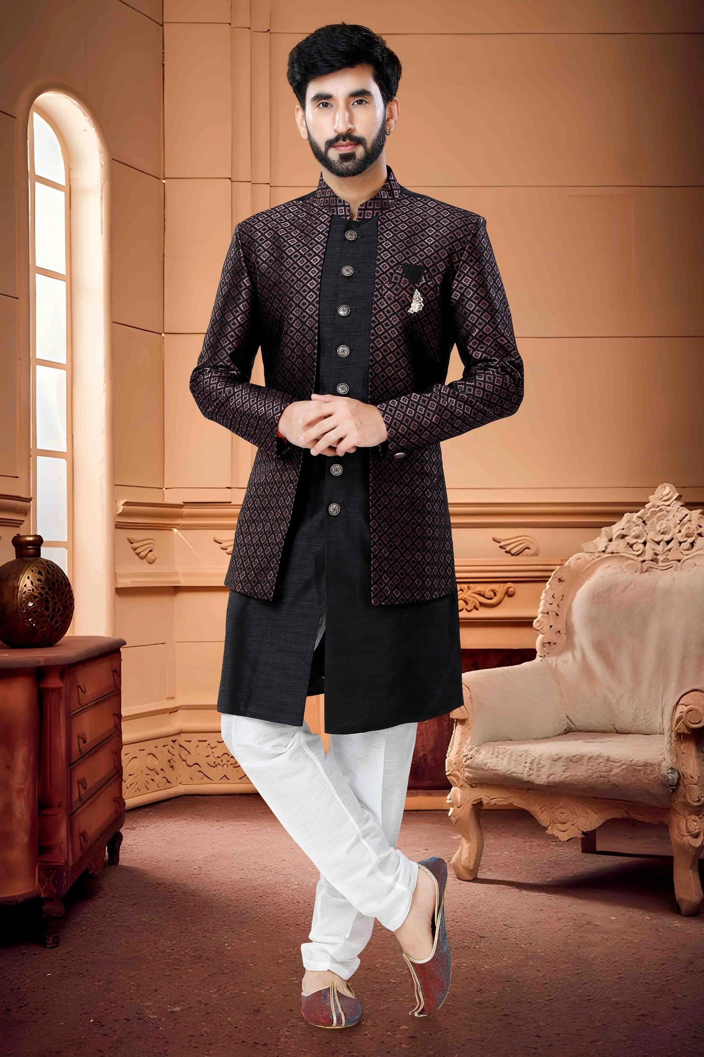 Black Colour Indo Western In Silk Fabric SH1130124