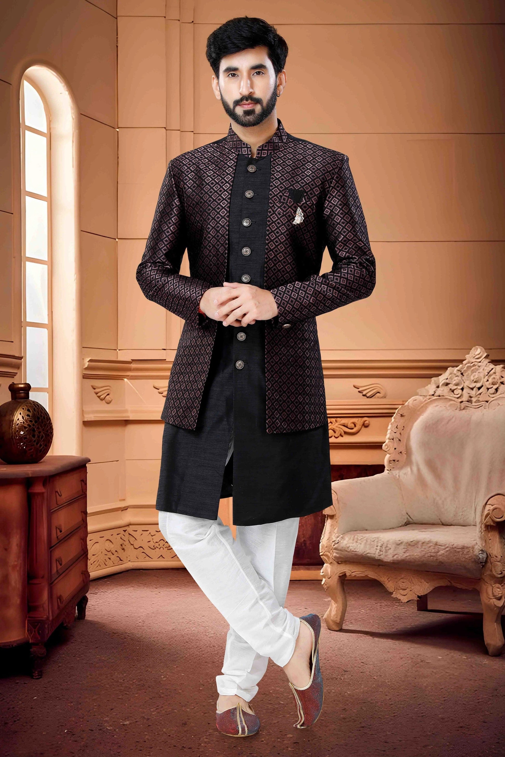 Black Colour Indo Western In Silk Fabric SH1130124