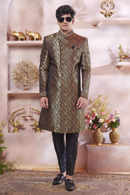 Black Colour Jacquard Banarasi Silk Embroidery Work Sherwani