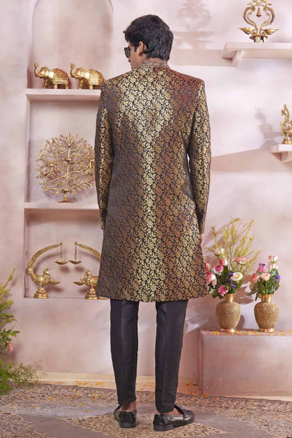 Black Colour Jacquard Banarasi Silk Embroidery Work Sherwani