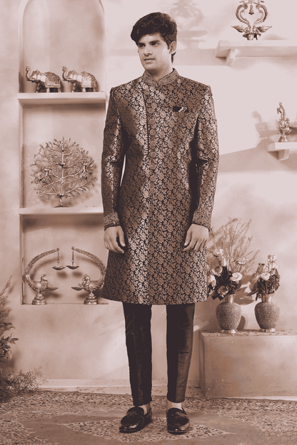Black Colour Jacquard Banarasi Silk Embroidery Work Sherwani