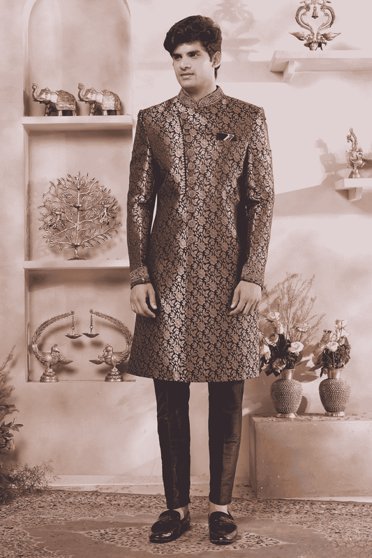 Black Colour Jacquard Banarasi Silk Embroidery Work Sherwani