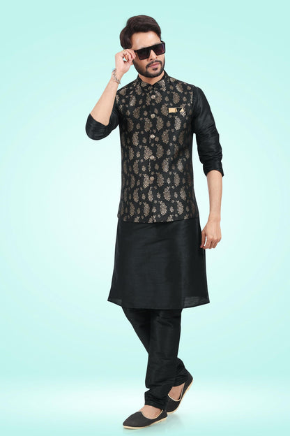Black Colour Jacquard Banarasi Silk Woven Work Kurta Pajama With Jacket