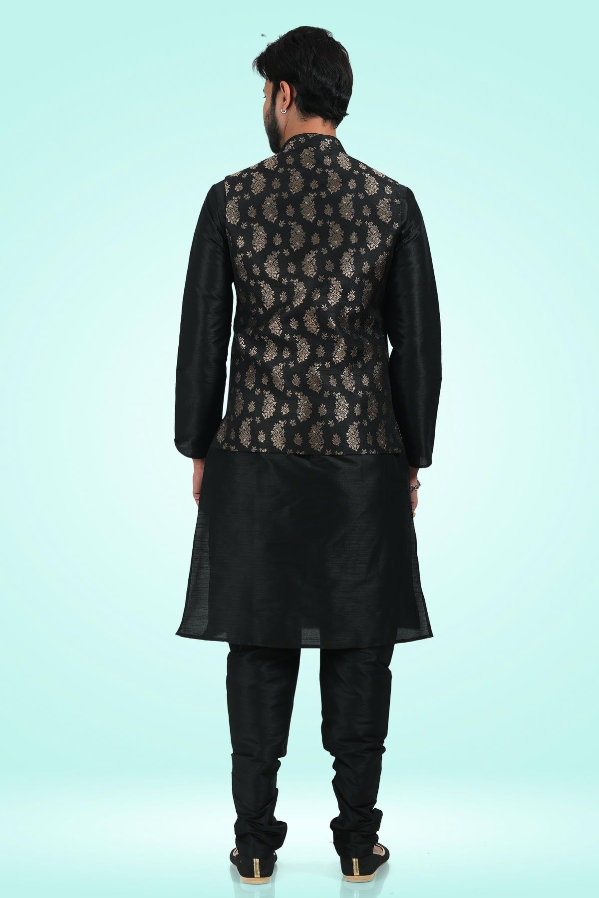 Black Colour Jacquard Banarasi Silk Woven Work Kurta Pajama With Jacket