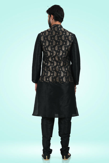 Black Colour Jacquard Banarasi Silk Woven Work Kurta Pajama With Jacket