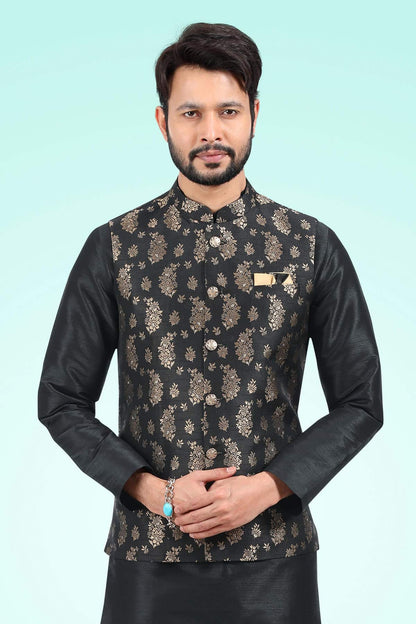 Black Colour Jacquard Banarasi Silk Woven Work Kurta Pajama With Jacket