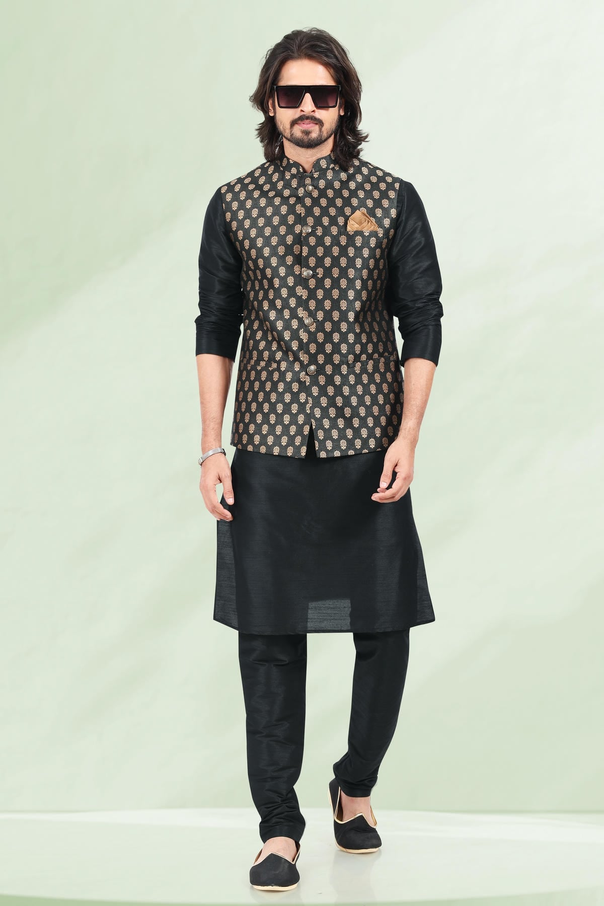 Black Colour Jacquard Banarasi Silk Woven Work Kurta Pajama With Jacket